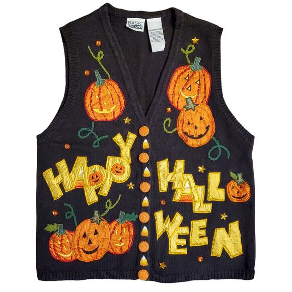 Happy Halloween Jack o Lantern Sweater Vintage 90s Orange Black Pumpkin Cardigan - Picture 1 of 9